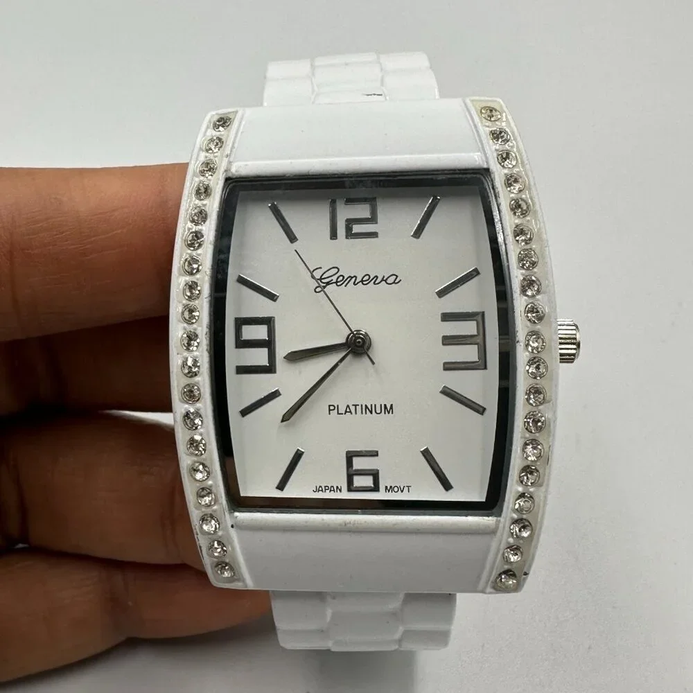 3/$30 Geneva Watch Women White Crystal Bezel Hinged Cuff Band New Battery